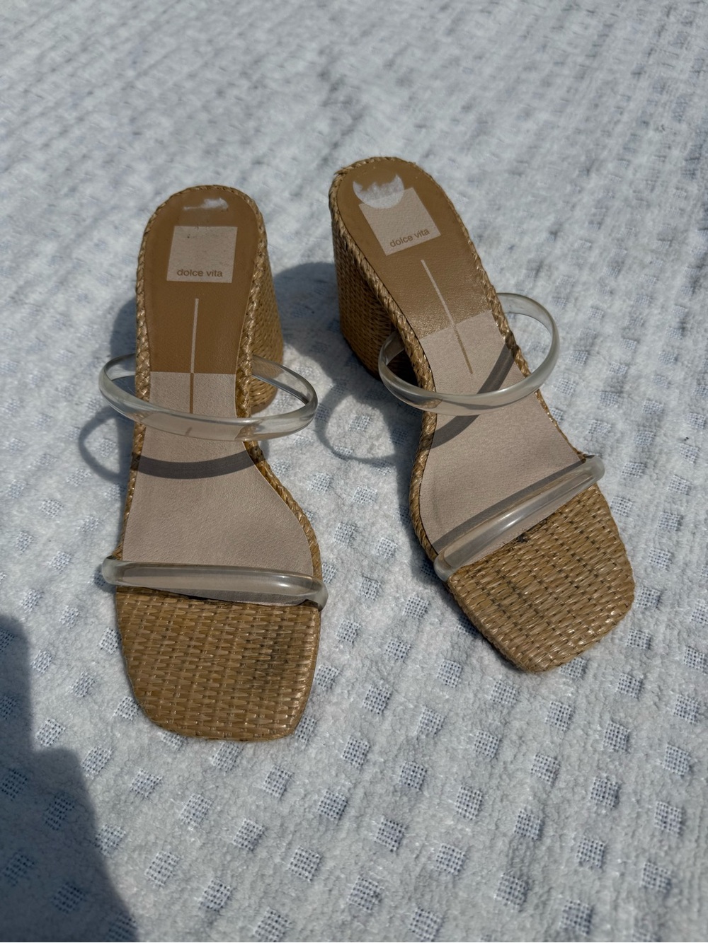 Dolce Vita Clear Strap Woven Espadrille Wedges in Tan